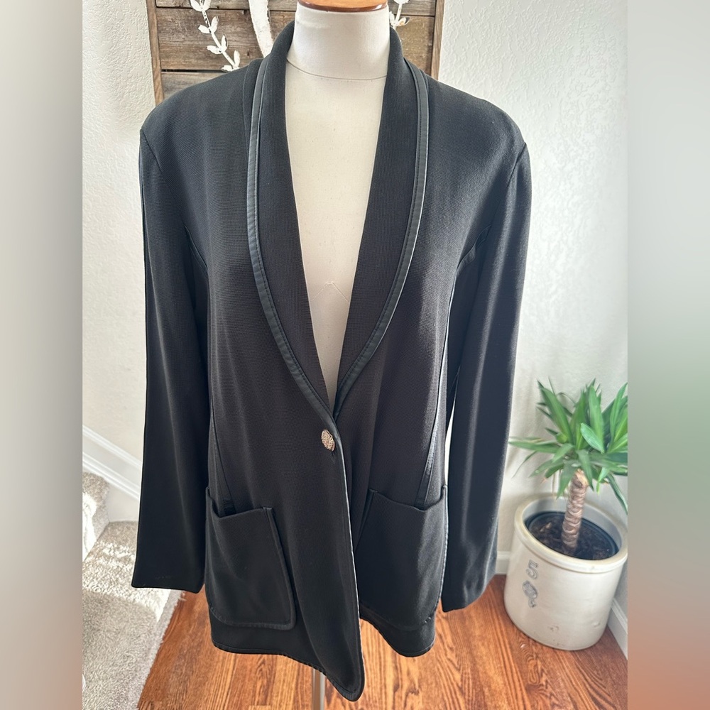 Exclusively Misook Dark Gray Black Blazer Faux leather trim Jacket ladies XL